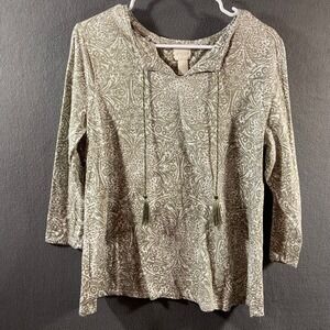 Chico's women peasant Top 1 medium Medallion Cotton Modal‎ Tassel Tie Olive
